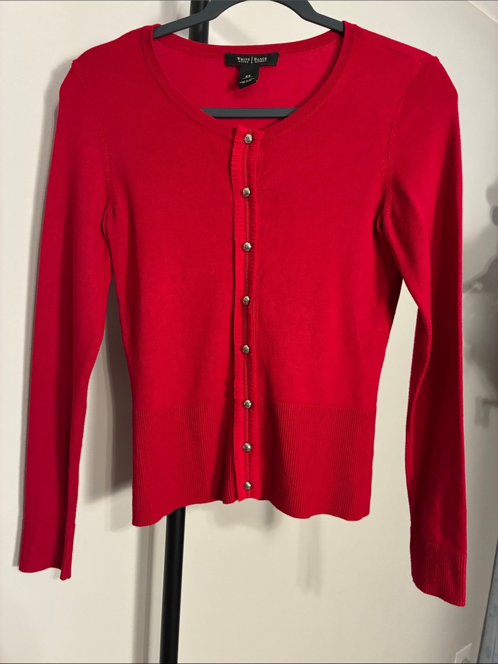 WHBM Red Cardigan Ruffle Detail Fitted Snap Front Holiday Vibrant Size XS